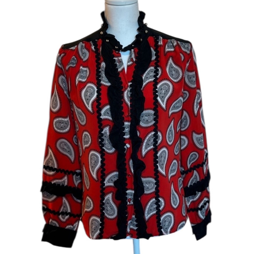 Dodo Bar Or Red Black Paisley Silk Blouse 40 6/8 designer studded ruffle top
